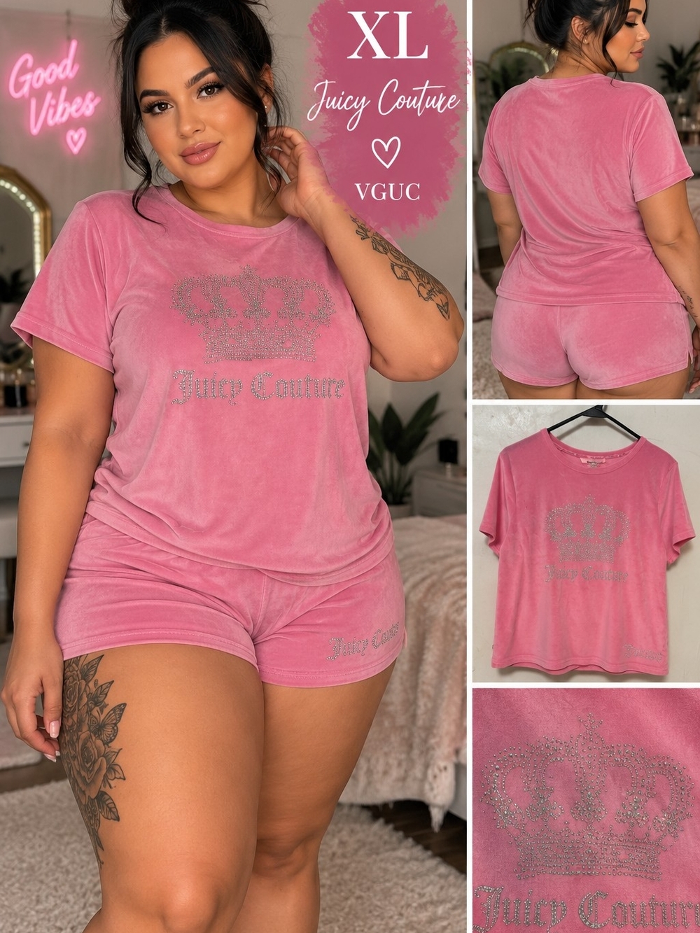 Juicy Couture Pink Velour Rhinestone Crown Tee & Short Set